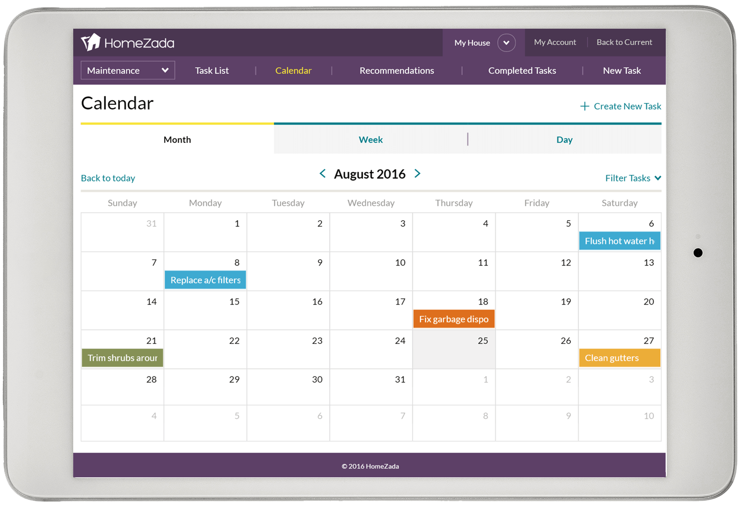 Home builder maintenance schedule and calendar screenshot